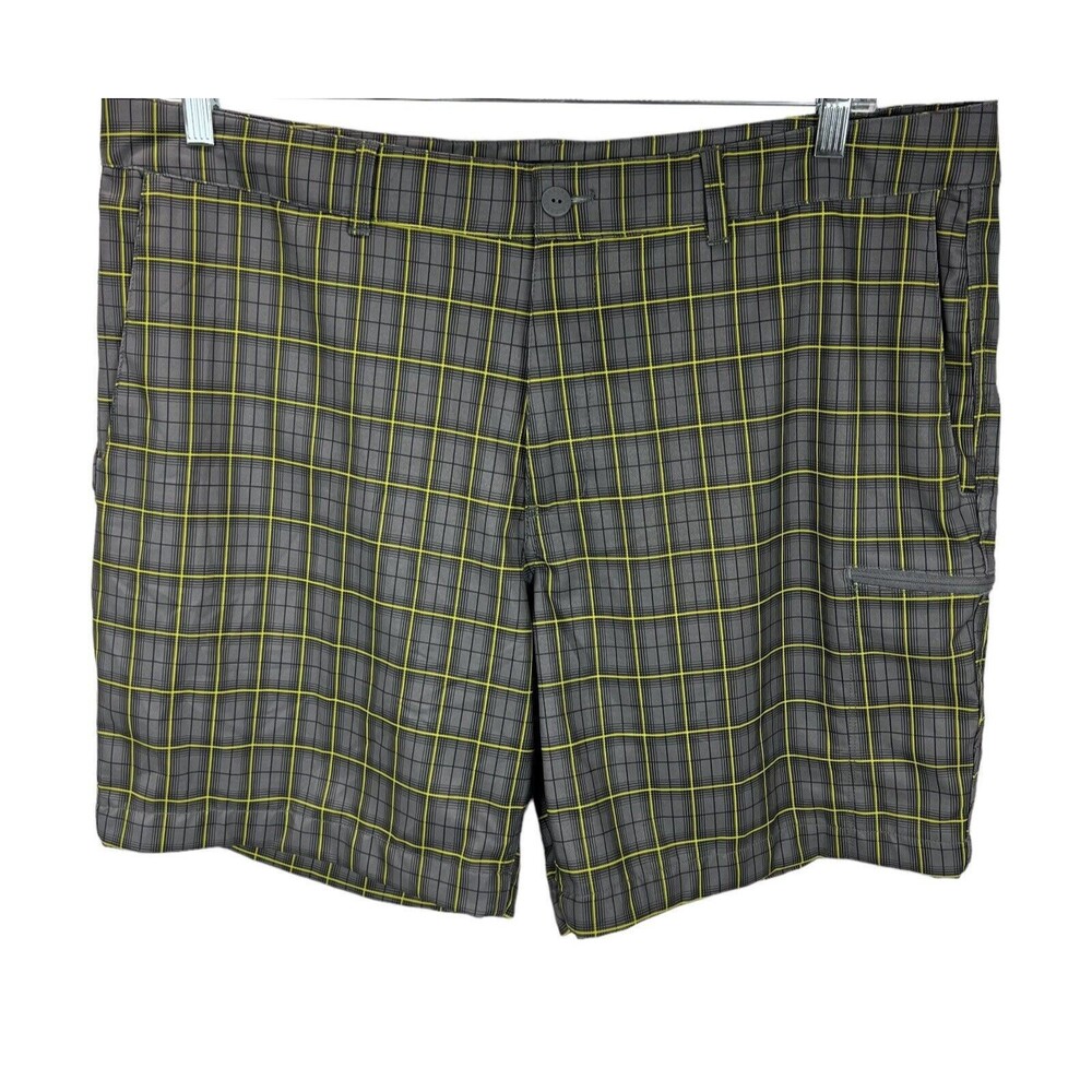 North Face FlashDry Shorts SZ 40 Gray Yellow Plaid Drawstring Cargo Pocket